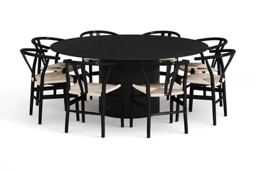 Kopparbo spisegruppe rund 180 cm svart med 8 Dastoori spisestoler - Svart - Møbler - Bord - Spisegruppe