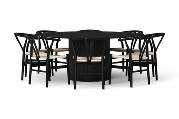 Kopparbo spisegruppe rund 180 cm svart med 8 Dastoori spisestoler - Svart - Møbler - Bord - Spisegruppe