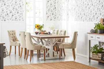 Lyon Förlängningsbar Matgrupp 200 cm med 6 Viktoria Stol Bloomington Natur/Vit/Beige Beige/White - Møbler - Bord - Spisegruppe
