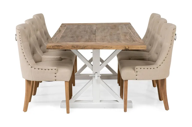 Lyon Förlängningsbar Matgrupp 200 cm med 6 Viktoria Stol Bloomington Natur/Vit/Beige Beige/White - Møbler - Bord - Spisegruppe