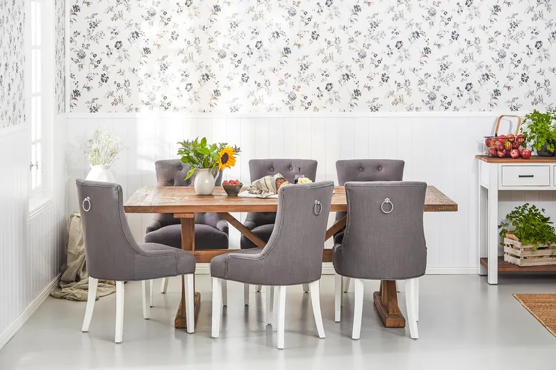 Lyon Forlengningsbar Spisegruppe 200 cm med 6 Viktoria Stol - Natur/Grå/Hvit - Møbler - Bord - Spisegruppe