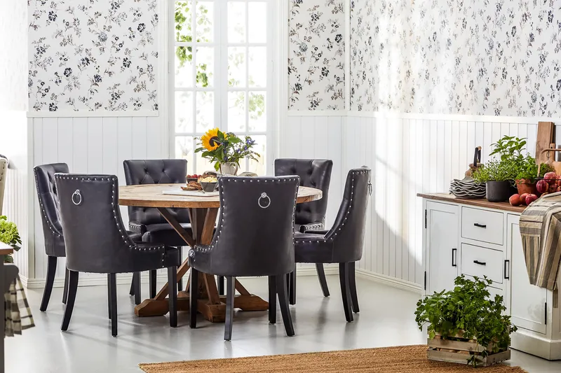 Lyon Rund Spisegruppe 150 cm med 6 Tuva Stoler - Brun Vintage Alm / Svart PU - Møbler - Bord - Spisegruppe