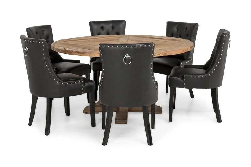 Lyon Rund Spisegruppe 150 cm med 6 Tuva Stoler - Brun Vintage Alm / Svart PU - Møbler - Bord - Spisegruppe