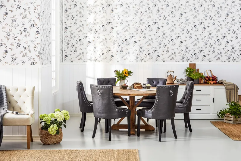 Lyon Rund Spisegruppe 150 cm med 6 Tuva Stoler - Brun Vintage Alm / Svart PU - Møbler - Bord - Spisegruppe