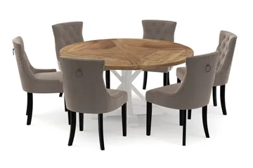 Lyon Spisebord 150 cm Rundt med 6 Viktoria Spisestoler - Natur/Hvit - Møbler - Bord - Spisegruppe