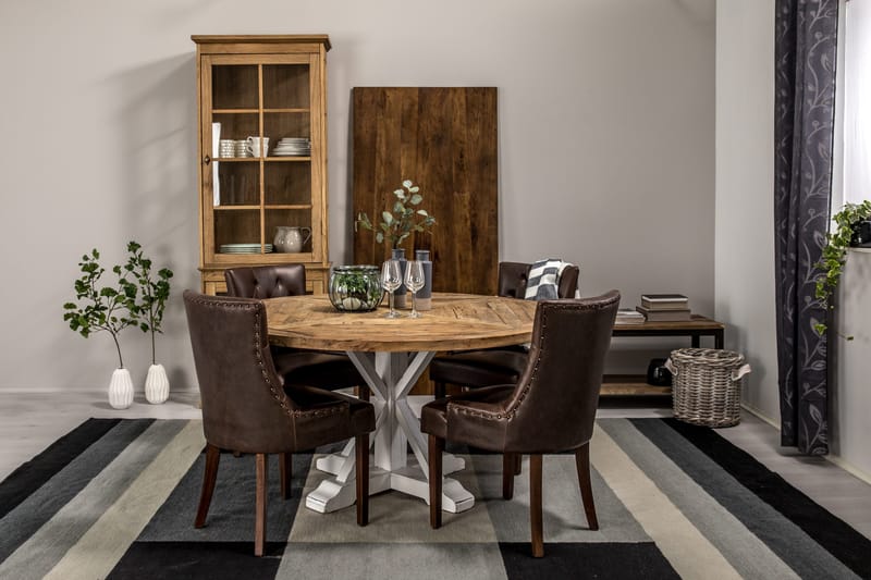 Lyon Spisegruppe Ø150 cm Rund med 4 Tuva Stoler - Vintage Natur/Hvit/Brun - Møbler - Bord - Spisegruppe