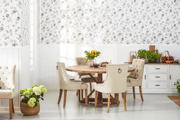 Lyon Spisegruppe Ø150 cm Rund med 4 Viktoria Stoler - Vintage Alm / Beige - Møbler - Bord - Spisegruppe