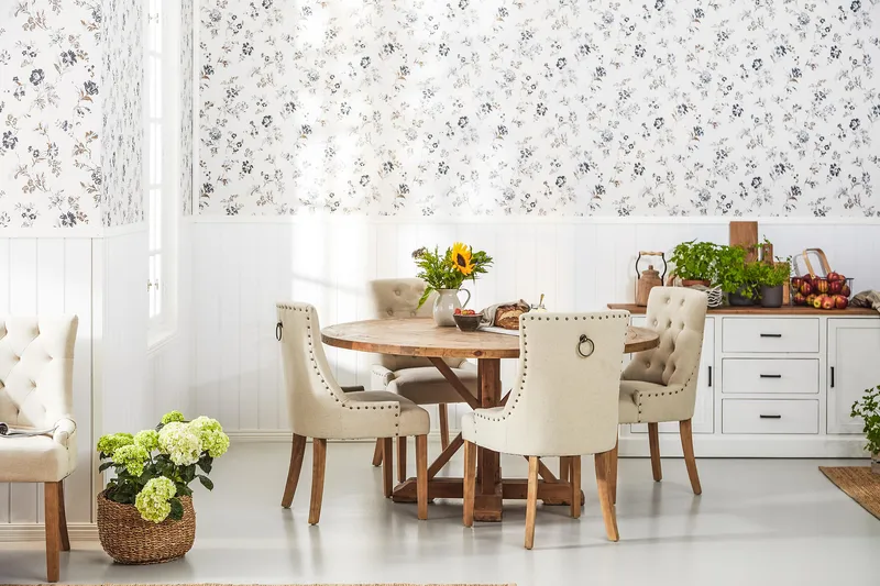 Lyon Spisegruppe Ø150 cm Rund med 4 Viktoria Stoler - Vintage Alm / Beige - Møbler - Bord - Spisegruppe