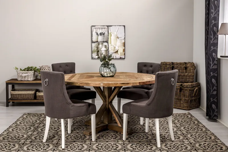 Lyon Spisegruppe Ø150 cm Rund med 4 Viktoria Stoler - Vintage Alm/Grå/Hvit - Møbler - Bord - Spisegruppe