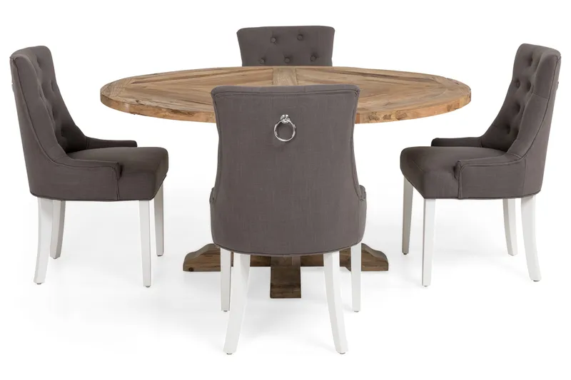 Lyon Spisegruppe Ø150 cm Rund med 4 Viktoria Stoler - Vintage Alm/Grå/Hvit - Møbler - Bord - Spisegruppe