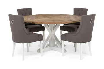 Lyon Spisegruppe Ø150 cm Rund med 4 Viktoria Stoler - Vintage Natur/Hvit/Grå - Møbler - Bord - Spisegruppe