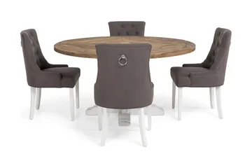 Lyon Spisegruppe Ø150 cm Rund med 4 Viktoria Stoler - Vintage Natur/Hvit/Grå - Møbler - Bord - Spisegruppe