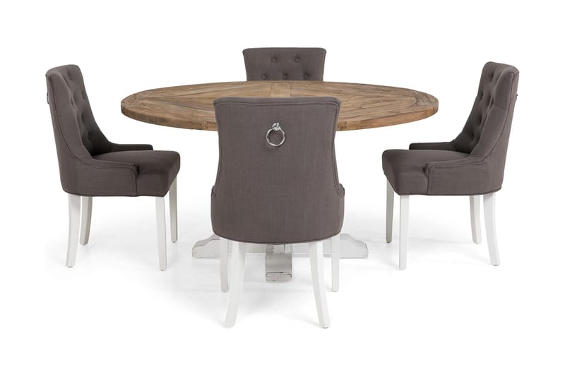 Lyon Spisegruppe Ø150 cm Rund med 4 Viktoria Stoler - Vintage Natur/Hvit/Grå - Møbler - Bord - Spisegruppe