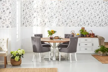 Lyon Spisegruppe Ø150 cm Rund med 4 Viktoria Stoler - Vintage Natur/Hvit/Grå - Møbler - Bord - Spisegruppe