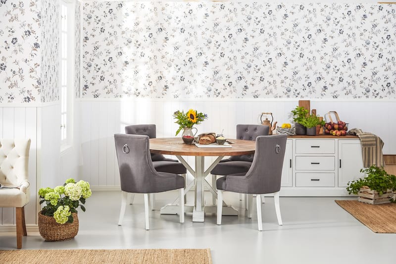 Lyon Spisegruppe Ø150 cm Rund med 4 Viktoria Stoler - Vintage Natur/Hvit/Grå - Møbler - Bord - Spisegruppe