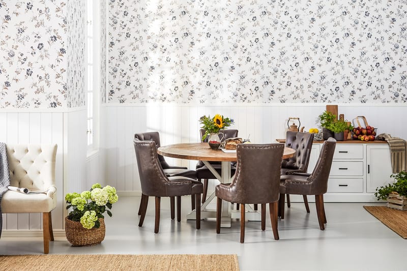 Lyon Spisegruppe Ø150 cm Rund med 6 Tuva Stoler - Vintage Natur/Hvit/Brun - Møbler - Bord - Spisegruppe