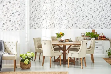 Lyon Spisegruppe Ø150 cm Rund med 6 Viktoria Stoler - Vintage Alm/Beige - Møbler - Bord - Spisegruppe