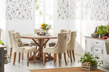 Lyon Spisegruppe Ø150 cm Rund med 6 Viktoria Stoler - Vintage Alm/Beige - Møbler - Bord - Spisegruppe