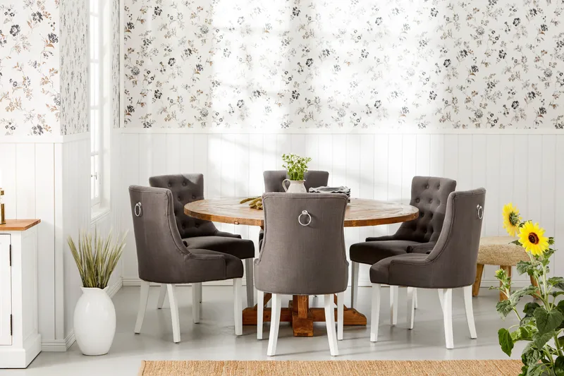 Lyon Spisegruppe Ø150 cm Rund med 6 Viktoria Stoler - Vintage Alm/Grå/Hvit - Møbler - Bord - Spisegruppe