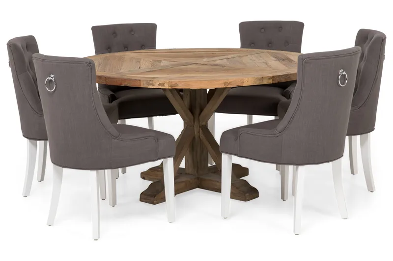 Lyon Spisegruppe Ø150 cm Rund med 6 Viktoria Stoler, Vintage Alm/Grå/Hvit
