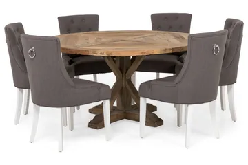 Lyon Spisegruppe Ø150 cm Rund med 6 Viktoria Stoler - Vintage Alm/Grå/Hvit - Møbler - Bord - Spisegruppe
