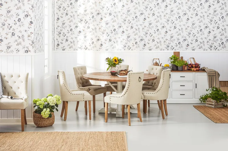 Lyon Spisegruppe Ø150 cm Rund med 6 Viktoria Stoler - Vintage Natur / Hvit / Beige - Møbler - Bord - Spisegruppe