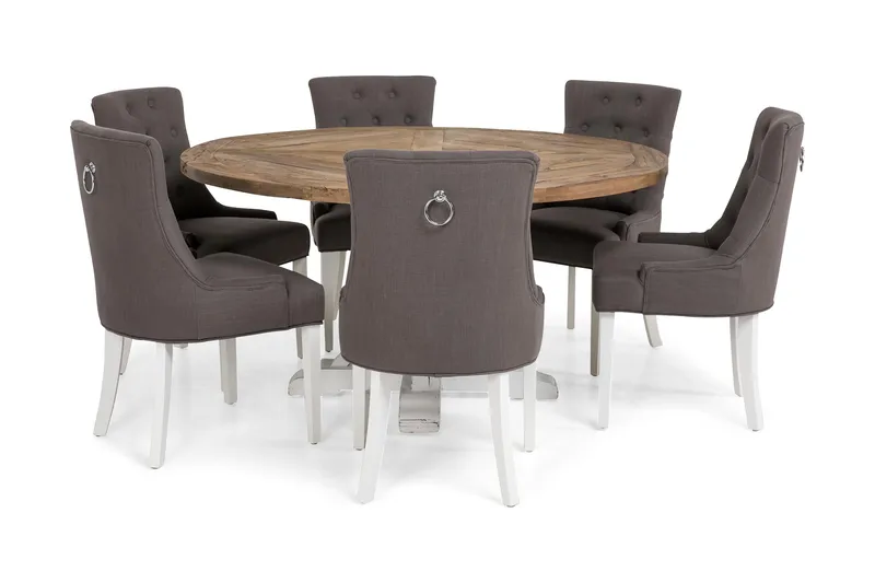 Lyon Spisegruppe Ø150 cm Rund med 6 Viktoria Stoler - Vintage Natur/Hvit/Grå - Møbler - Bord - Spisegruppe