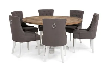 Lyon Spisegruppe Ø150 cm Rund med 6 Viktoria Stoler - Vintage Natur/Hvit/Grå - Møbler - Bord - Spisegruppe