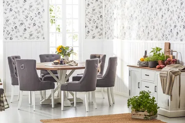 Lyon Spisegruppe Ø150 cm Rund med 6 Viktoria Stoler - Vintage Natur/Hvit/Grå - Møbler - Bord - Spisegruppe