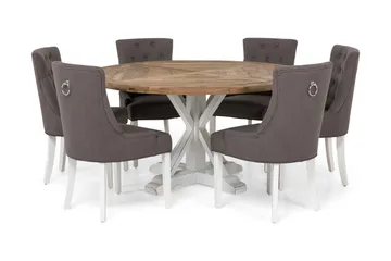 Lyon Spisegruppe Ø150 cm Rund med 6 Viktoria Stoler - Vintage Natur/Hvit/Grå - Møbler - Bord - Spisegruppe