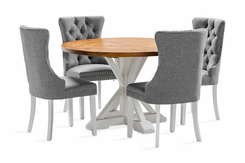 Lyon Spisegruppe 120 cm Rund inkl. 4 Bergviken Stoler, Brun/Hvit