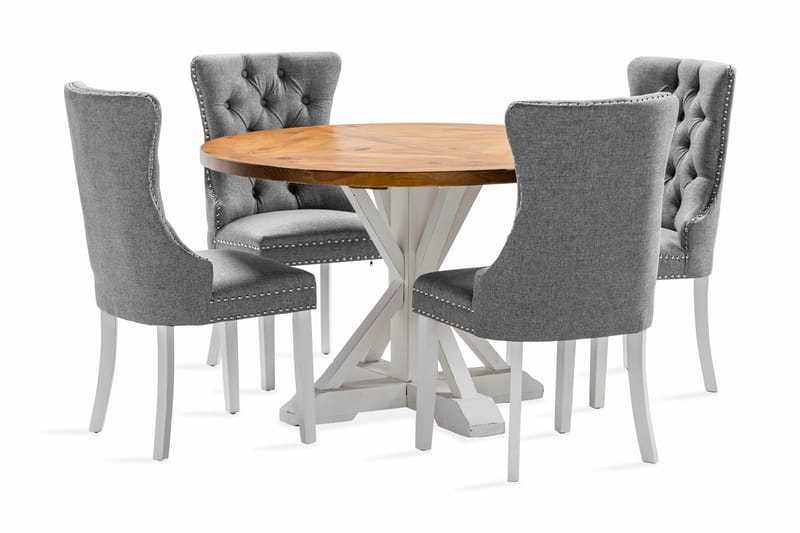 Lyon Spisegruppe 120 cm Rund inkl. 4 Bergviken Stoler, Brun/Hvit