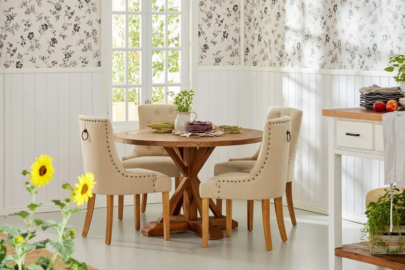 Lyon Spisegruppe 120 cm Rundt spisebord i Tre med 4 Viktoria Stoler - Tre / Beige - Møbler - Bord - Spisegruppe