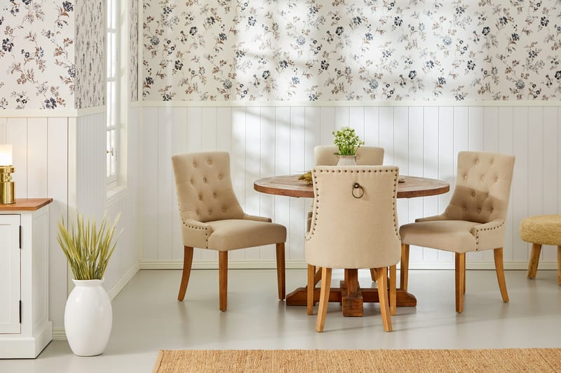 Lyon Spisegruppe 120 cm Rundt spisebord i Tre med 4 Viktoria Stoler - Tre / Beige - Møbler - Bord - Spisegruppe
