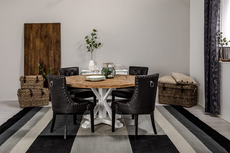 Lyon Spisegruppe 150 cm Rund med 4 Tuva Lenestol - Vintage Alm/Hvit/Svart PU - Møbler - Bord - Spisegruppe