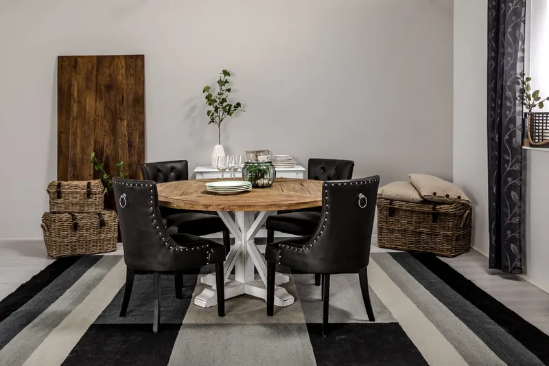 Lyon Spisegruppe 150 cm Rund med 4 Tuva Lenestol - Vintage Alm/Hvit/Svart PU - Møbler - Bord - Spisegruppe