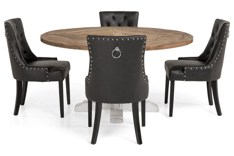 Lyon Spisegruppe 150 cm Rund med 4 Tuva Lenestol - Vintage Alm/Hvit/Svart PU - Møbler - Bord - Spisegruppe