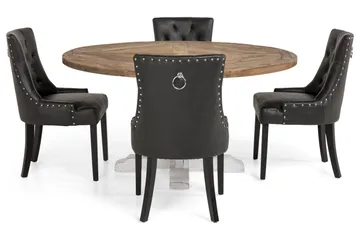 Lyon Spisegruppe 150 cm Rund med 4 Tuva Lenestol - Vintage Alm/Hvit/Svart PU - Møbler - Bord - Spisegruppe