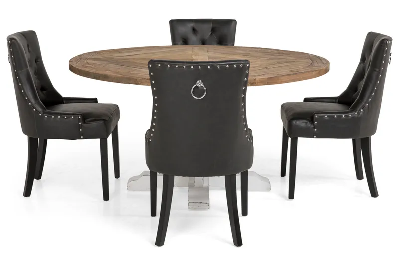 Lyon Spisegruppe 150 cm Rund med 4 Tuva Lenestol - Vintage Alm/Hvit/Svart PU - Møbler - Bord - Spisegruppe