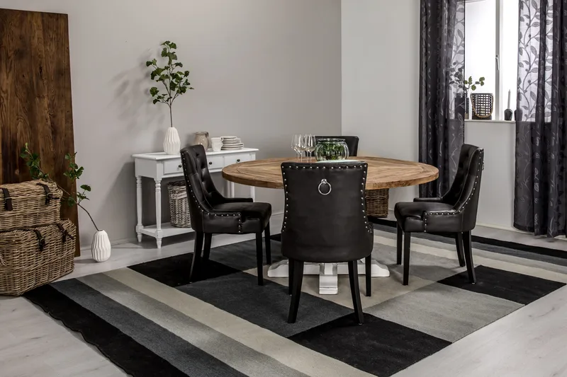 Lyon Spisegruppe 150 cm Rund med 4 Tuva Lenestol - Vintage Alm/Hvit/Svart PU - Møbler - Bord - Spisegruppe