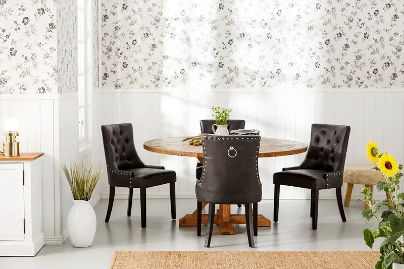 Lyon Spisegruppe 150 cm Rund med 4 Tuva Lenestol - Vintage Alm/Svart PU - Møbler - Bord - Spisegruppe