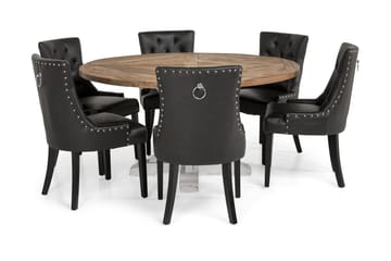 Lyon Spisegruppe 150 cm Rund med 6 Tuva Lenestol - Vintage Alm/Hvit/Svart PU - Møbler - Bord - Spisegruppe