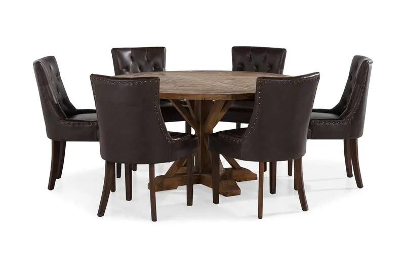 Lyon Spisegruppe 150 cm Rundt M ørkt Tre med 6 Tuva Stoler, Vintage Alm / Brun PU