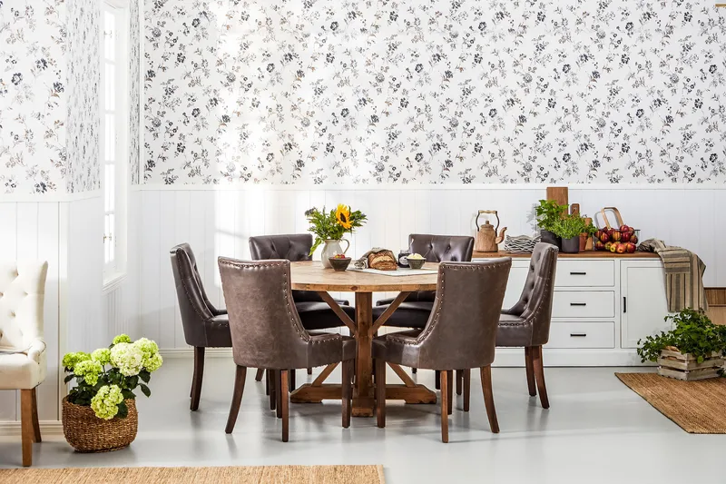 Lyon Spisegruppe 150 cm Rundt Mørkt Tre med 6 Tuva Stoler - Vintage Alm / Brun PU - Møbler - Bord - Spisegruppe