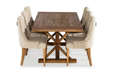 Lyon Spisegruppe 200 cm + 6 Stoler Uttrekkbart Spisebord med Tilleggsplate - Brunt Tre / Natur Beige - Møbler - Bord - Spisegruppe