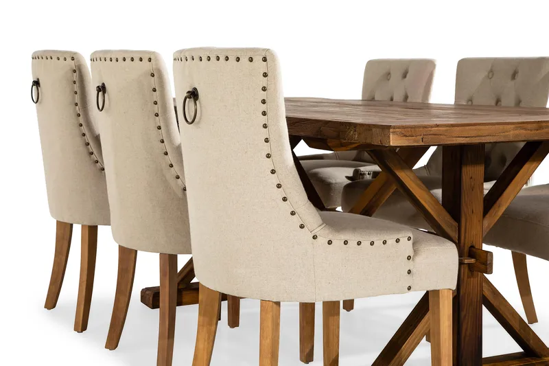 Lyon Spisegruppe 200 cm + 6 Stoler Uttrekkbart Spisebord med Tilleggsplate - Brunt Tre / Natur Beige - Møbler - Bord - Spisegruppe