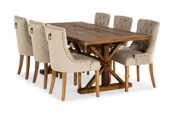 Lyon Spisegruppe 200 cm + 6 Stoler Uttrekkbart Spisebord med Tilleggsplate - Brunt Tre / Natur Beige - Møbler - Bord - Spisegruppe