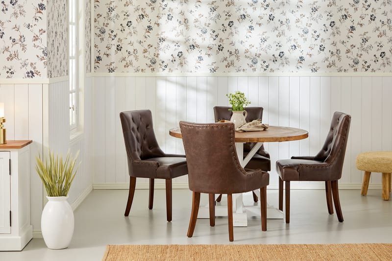 Lyon Spisegruppe Rund med 4 Tuva Lenestoler Kunstlær - Tre/Hvit/Svart PU - Møbler - Bord - Spisegruppe