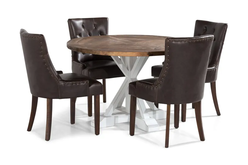 Lyon Spisegruppe Rund med 4 Tuva Lenestoler Kunstlær - Tre/Hvit/Svart PU - Møbler - Bord - Spisegruppe