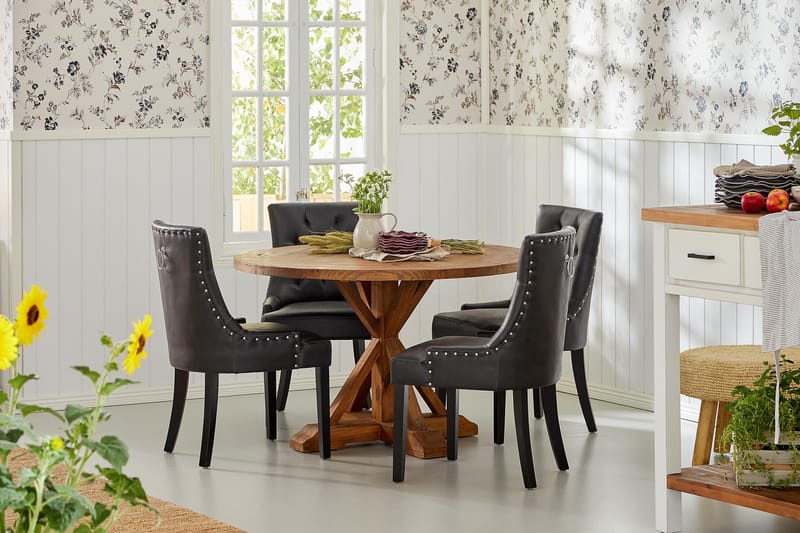 Lyon Spisegruppe Rund med 4 Tuva Lenestoler Kunstlær - Tre/Svart PU - Møbler - Bord - Spisegruppe